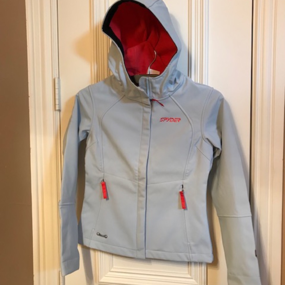 Spyder Ladies Soft Shell Hoody Jacket Light Blue/Poppy 6700-05